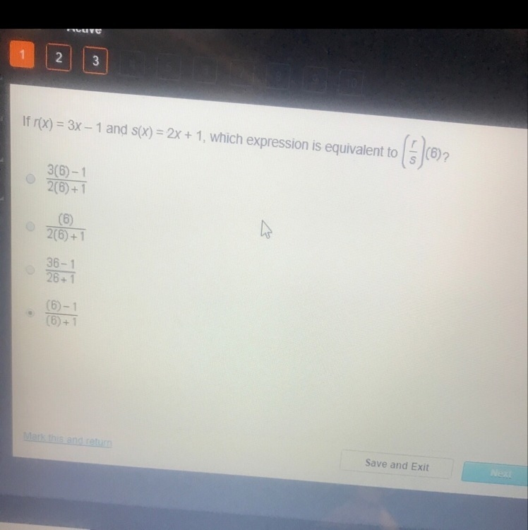 If (x)=3x-1 and s(x)=2x+1, which expression is equivalent to r over s (6) ?-example-1