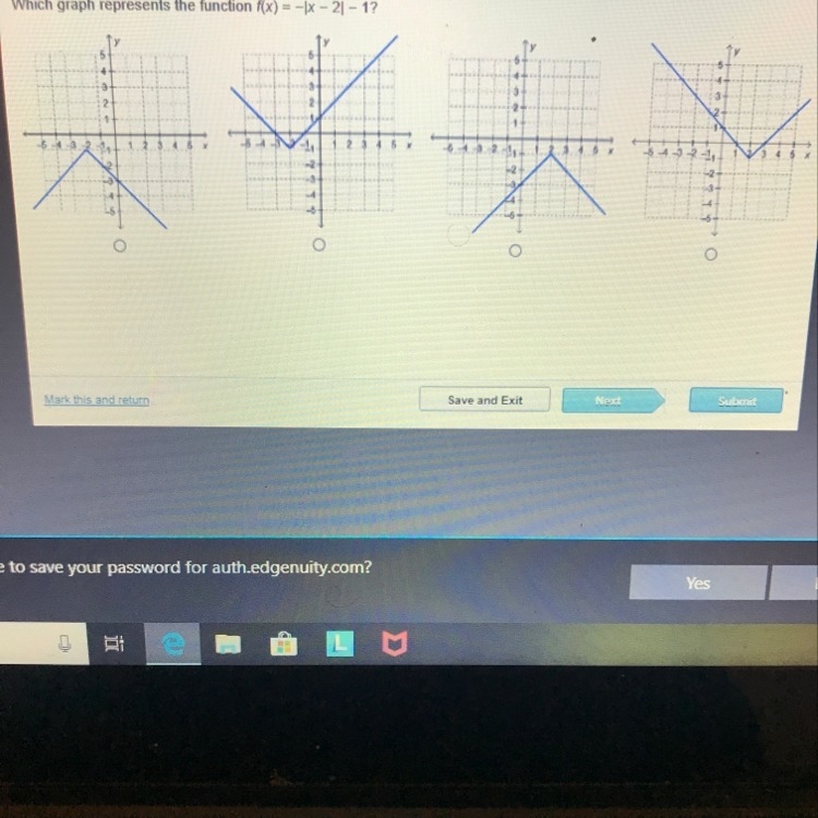 Which graph represents the function f(x)=-|x-2|-1? Please don’t guess.-example-1