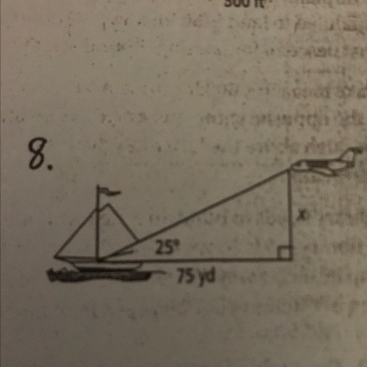 Solve for x with the degree of 25 elevation, and adjacent of 75 yards-example-1