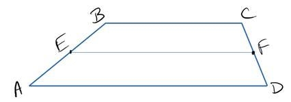 ABCD is a trapezoid with mid-segment (E f). If Ad=5x-11, E f=3x+7, Bc=2x+7, how many-example-1