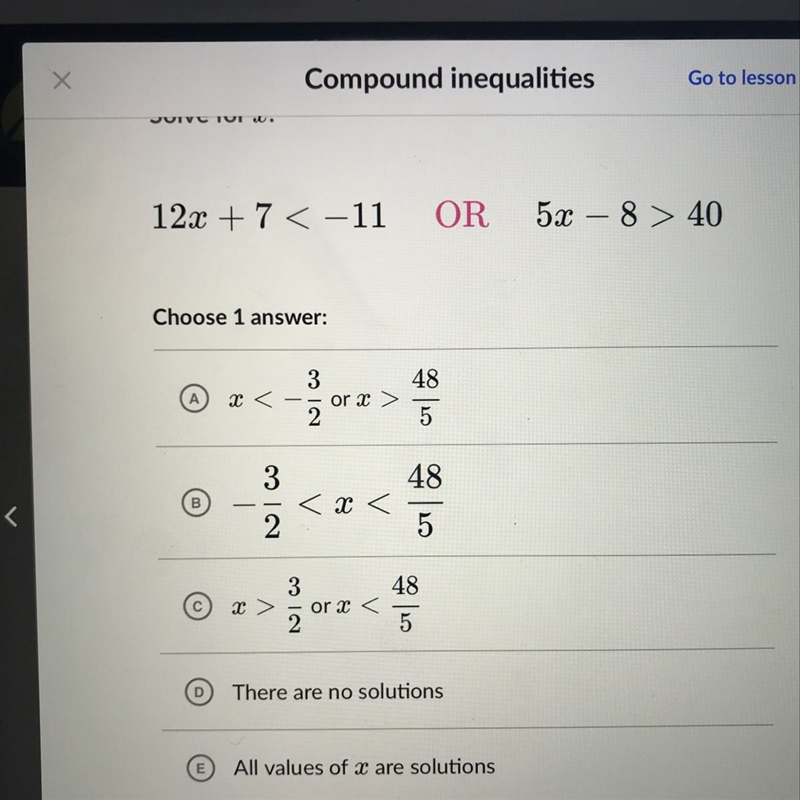 12x+7<-11 or 5x-8>40-example-1