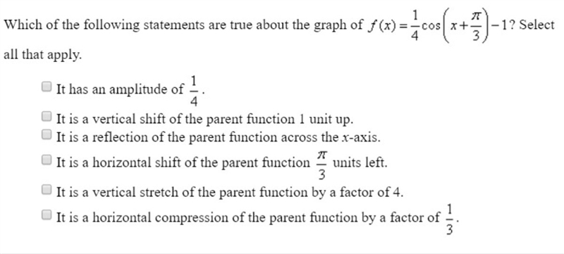 Which of the following statements are true about the graph of f (x) = 1/4 coz ( x-example-1