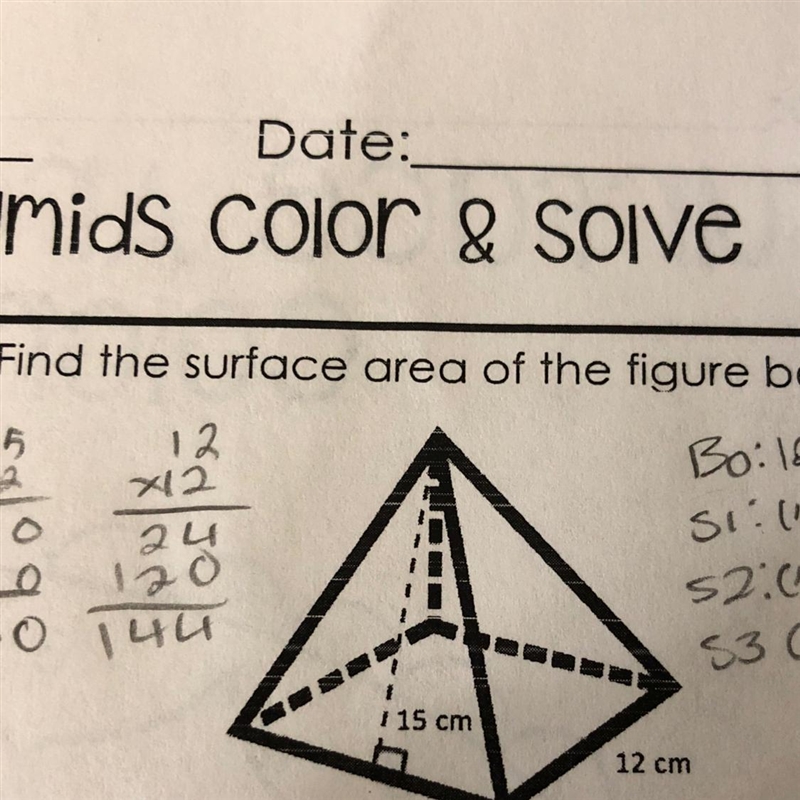 what is the surface area of a triangular pyramid if the base is 12 by 12 and each-example-1