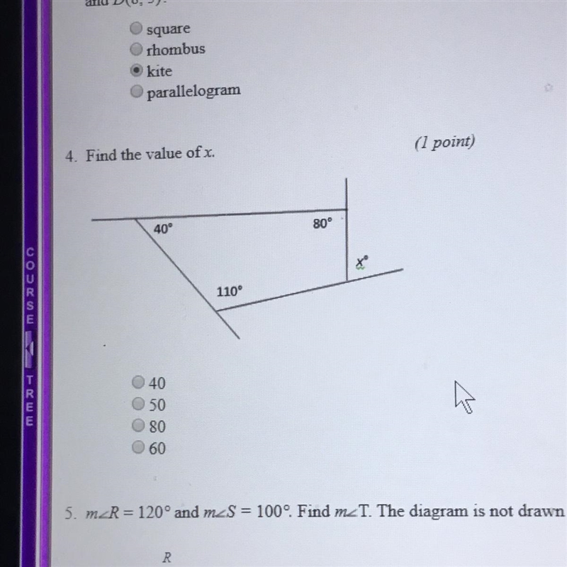 4. Find the value of x. 40 50 80 60-example-1