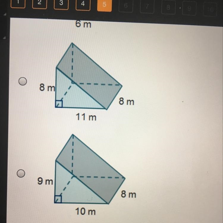 Which right triangle prism has the greatest volume-example-1