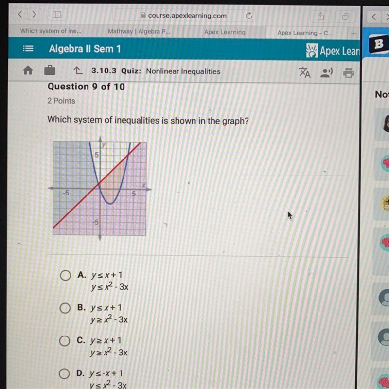 Which system of inequalities is shown in the graph-example-1