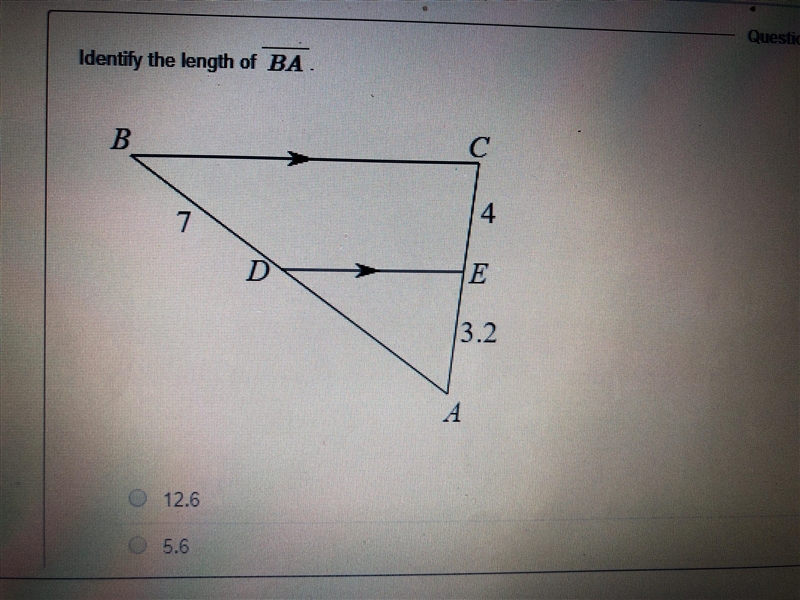 Identify the length of line BA. A) 12.6 B) 5.6 C) 22.4 D) 8.8-example-1