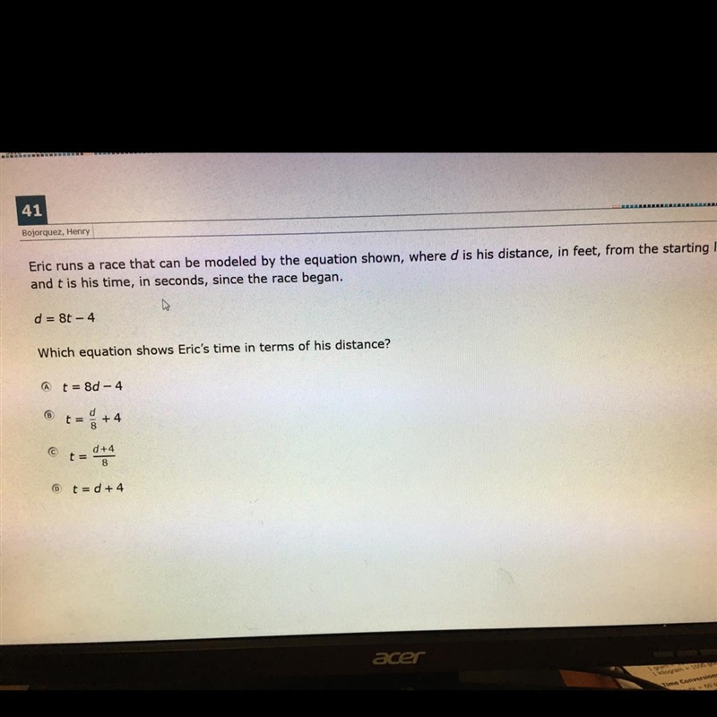 Eric runs a race that can be modeled by the equation shown , where d is his distance-example-1