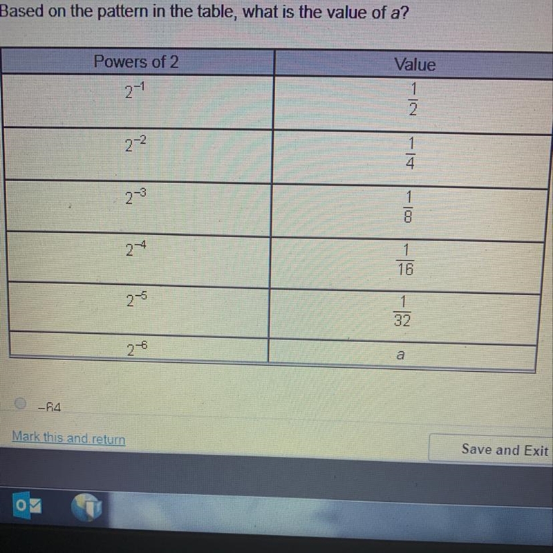 Based on the pattern in the table what is the value of A A)-64 B)-12 C)1/16 D)1/64-example-1