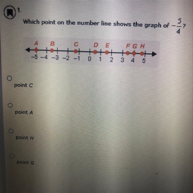 Which point on the number line shows the graph of -5/4? Answer options: C, A, H, G-example-1