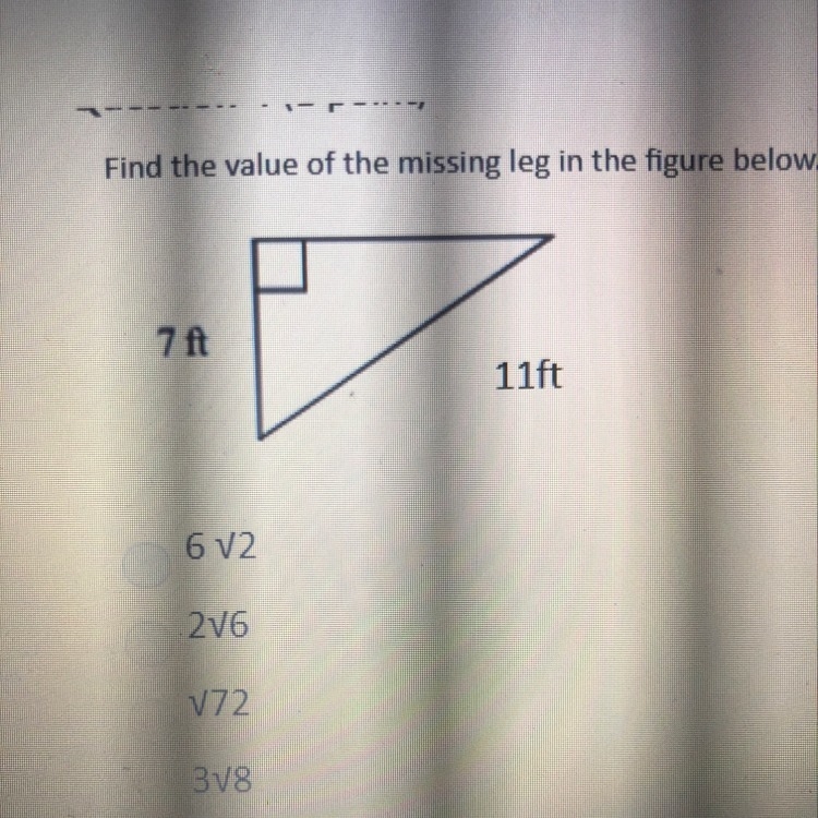 Find the value of the missing leg in the figure below.-example-1