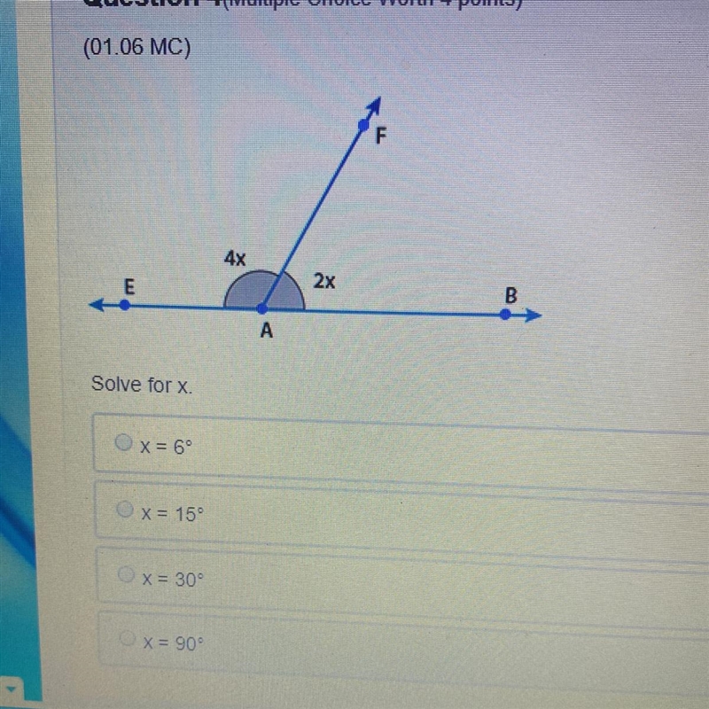 Solve for x. A.) x=6. B.) 15 C.)30 D.)90-example-1