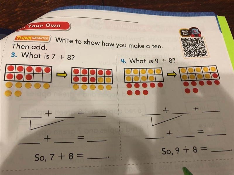 Write to show how you make a ten. Then add. What is 7+8?-example-1