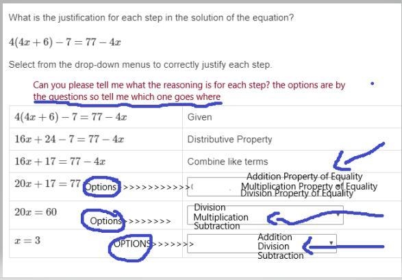 What is the justification for each step in the solution of the equation? 4(4x+6)−7=77−4x-example-1