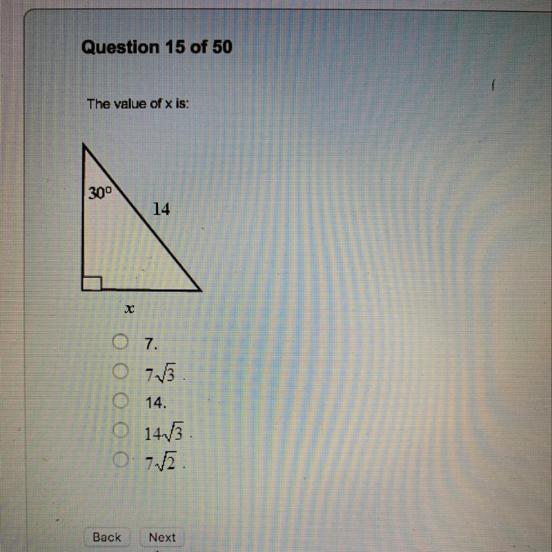 "the value of x is:" 1) 7 2) 7√3 3) 14 4) 14√3 5) 7√2-example-1