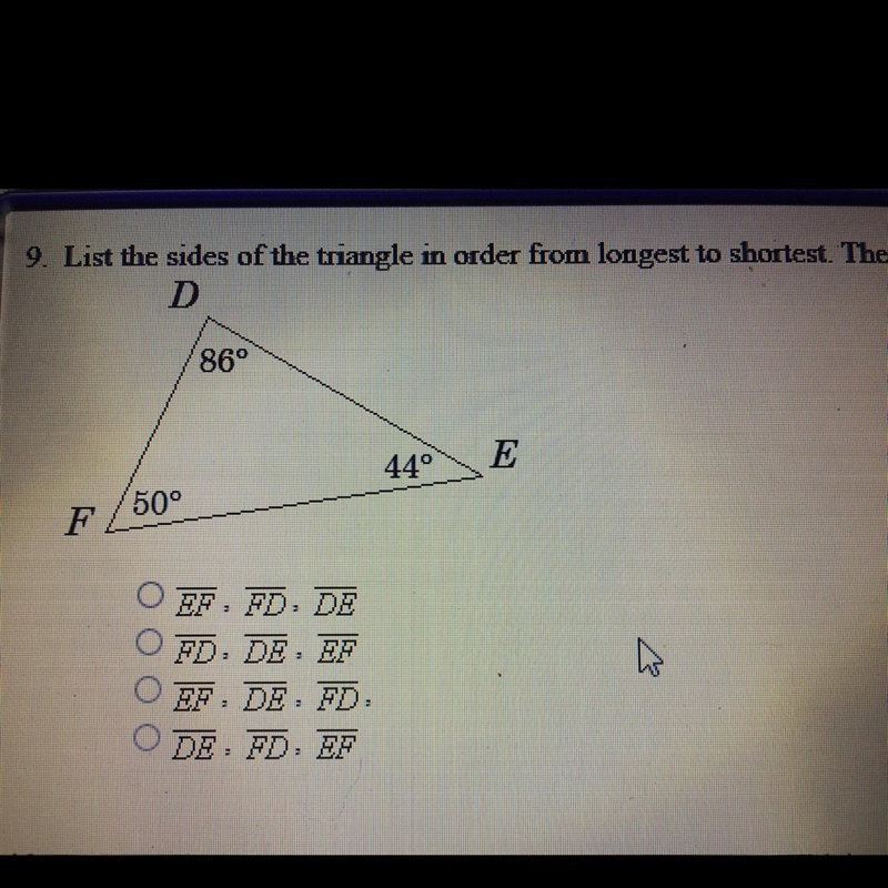 List the sides of the triangle in order from longest to shortest-example-1