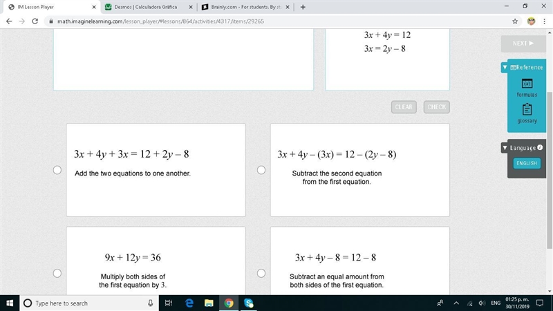 Which is the best first step and explanation for solving this system of equations-example-1