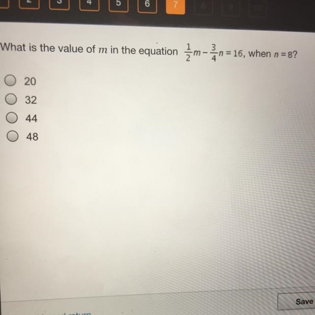 What is the value of m in the equation 1/2 m - 3/4 n = 16, when n = 8?-example-1