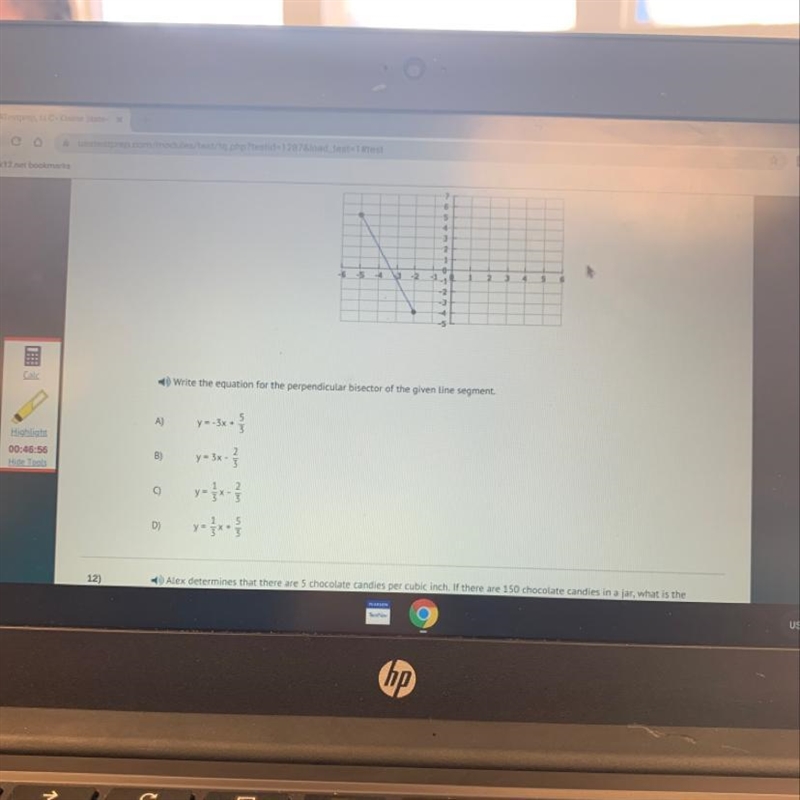 Write the equation for the perpendicular bisector of the given line segment. A B) 4.3x-example-1