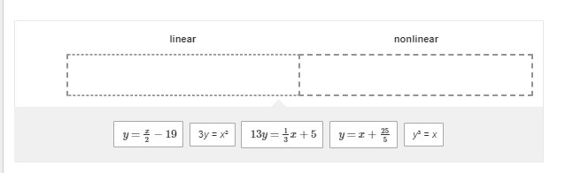 HELP!!!! Determine if each function is linear or nonlinear. Drag each function into-example-1