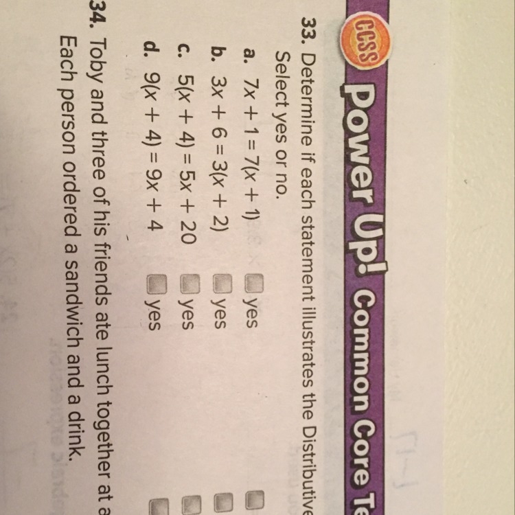 Determine if each statement illustrates the distributive property. Select yes or no-example-1