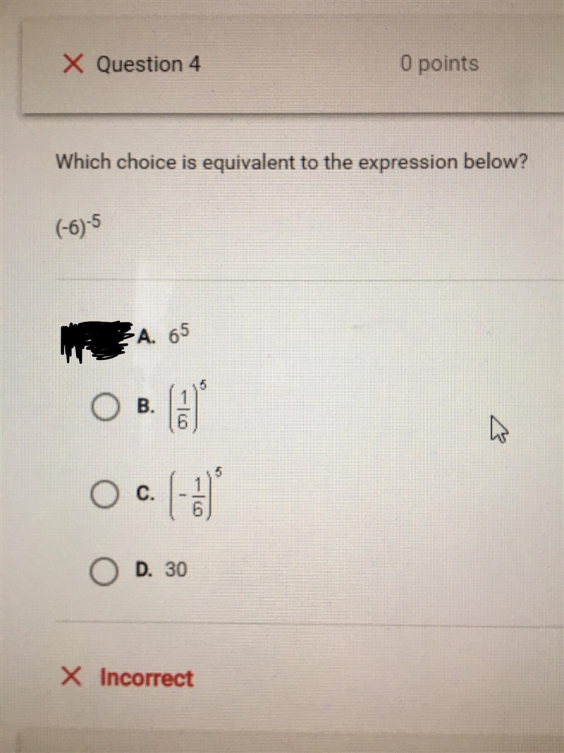 What is equivalent to the expression below? (-6) to the -5 power a. 6 to the 5 power-example-1