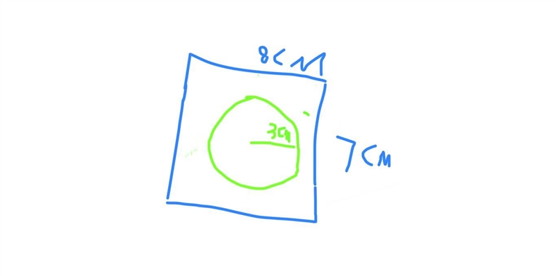 HELP FAST. A circle with radius of 3 cm sits inside a 8 cm x 7 cm rectangle. What-example-1