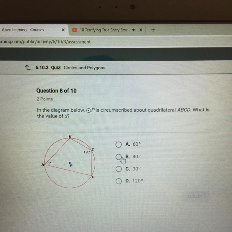 In the diagram below P is circumscribed about quadrilateral ABCD. What is the value-example-1