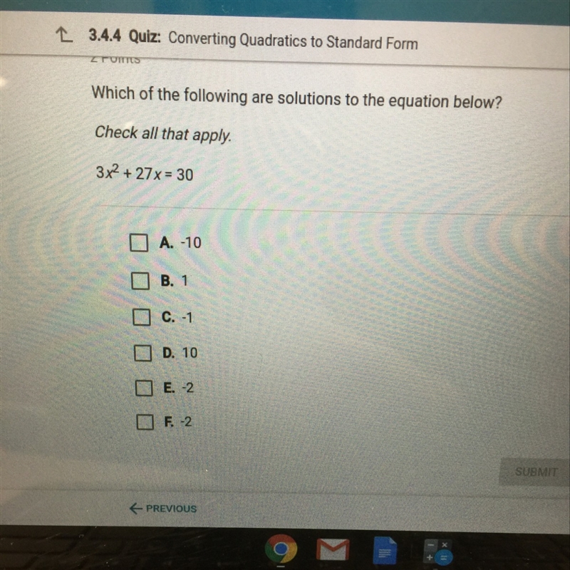 Which of the following are solutions to the equation below 3x^2+27x=30-example-1