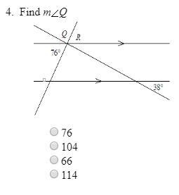 Find measure of angle Q a.76 b.104 c.66 d.114-example-1