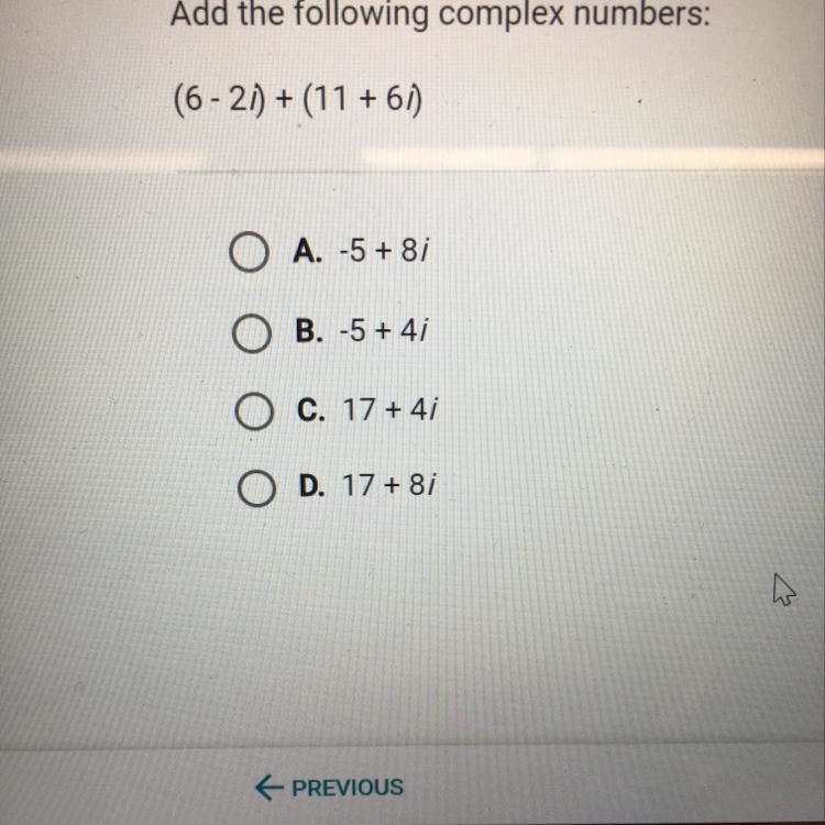 Add the following complex numbers: (6-2i)+(11+6i)-example-1