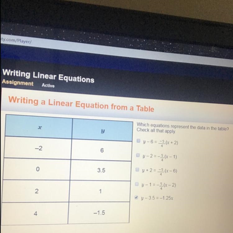 Which equation represents the data in the table? check all that apply-example-1