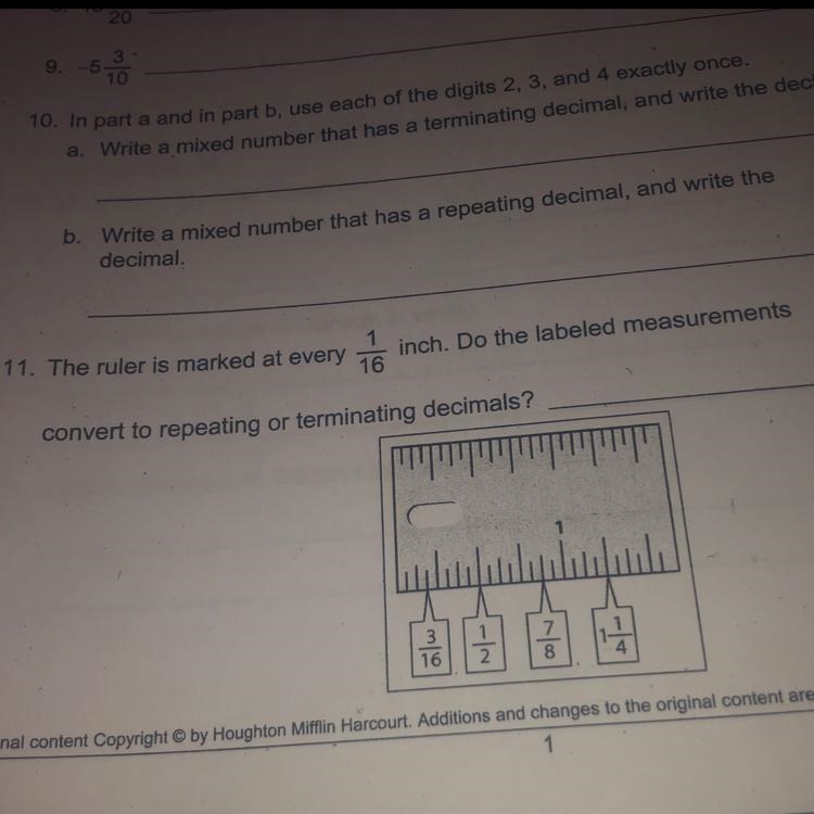 The ruler is marked at every 1/16 inch. Do the labeled measurements convert to repeating-example-1