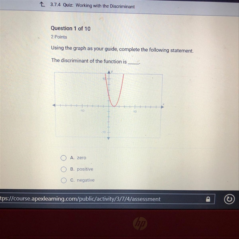 Using the graph as your guide, complete the following statement. The discriminant-example-1