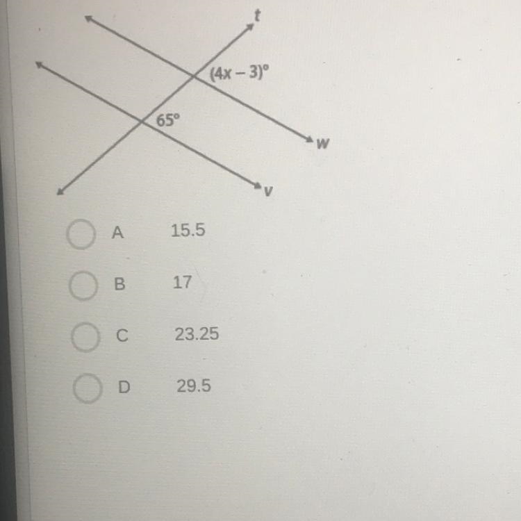 20 POINTS Find the x value when lines w and v are parallel-example-1