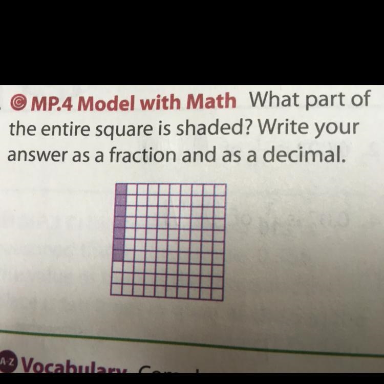 What part of the entire square is shaded write as a Fraction and as a decimal-example-1