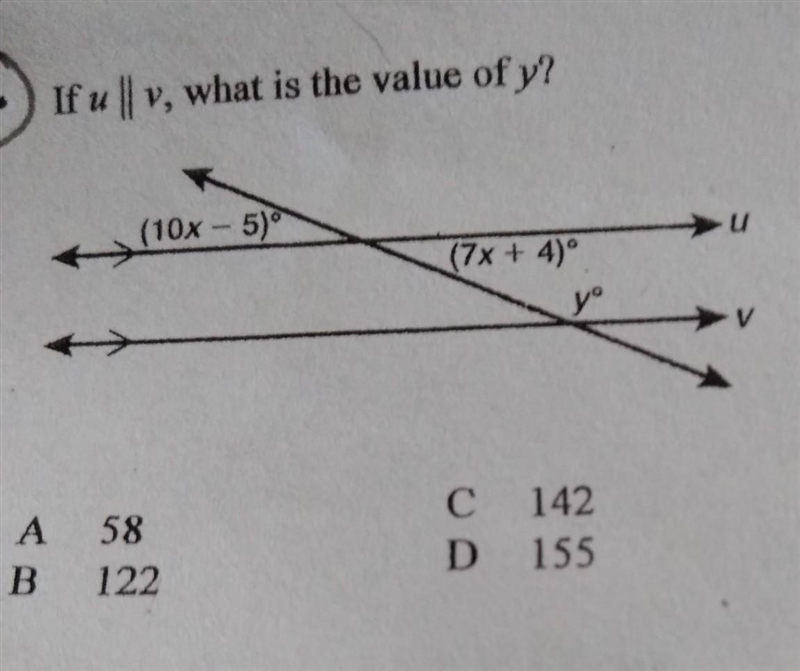 Wll what is the value of y (105) A 58 B 122 C D 142 155​-example-1