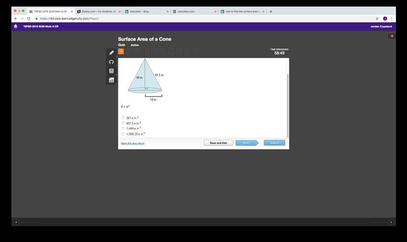 What is the area of the base of a cone that has a slant height of 42.5 inches, a height-example-1