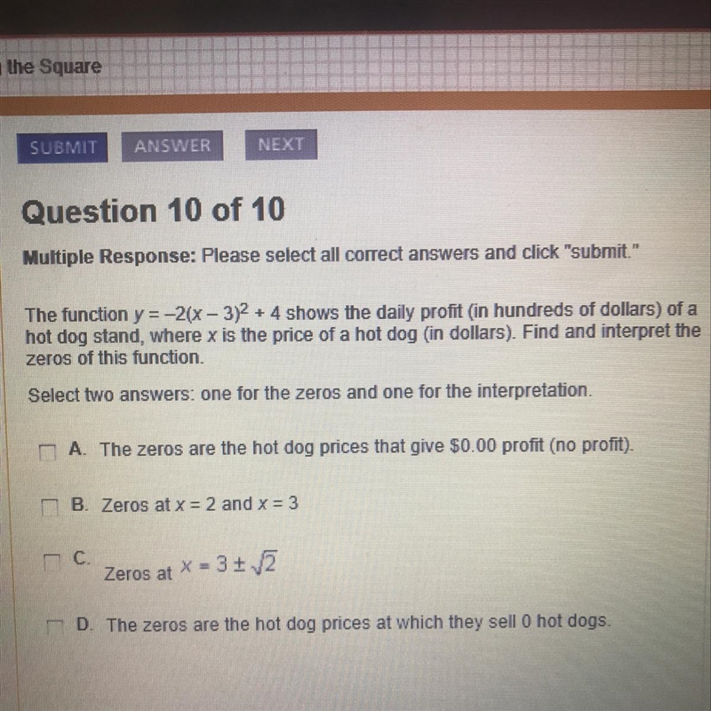 The function y = -2(x-3)^2+4 shows the daily profit (in hundreds of dollars) of a-example-1