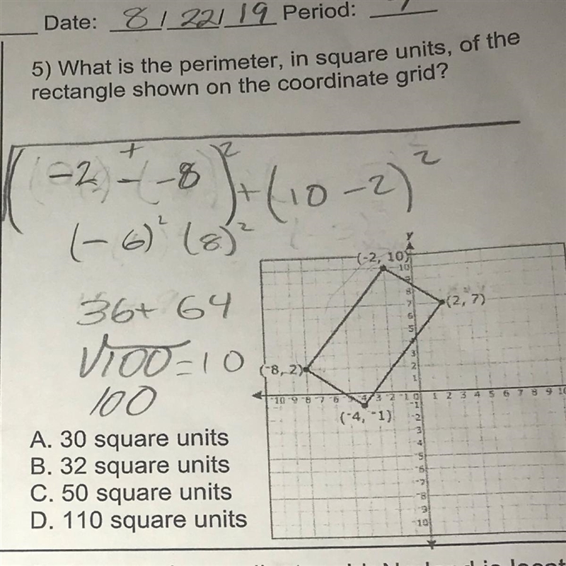 What is the perimeter in square units of the rectangle shown on the coordinate grid-example-1