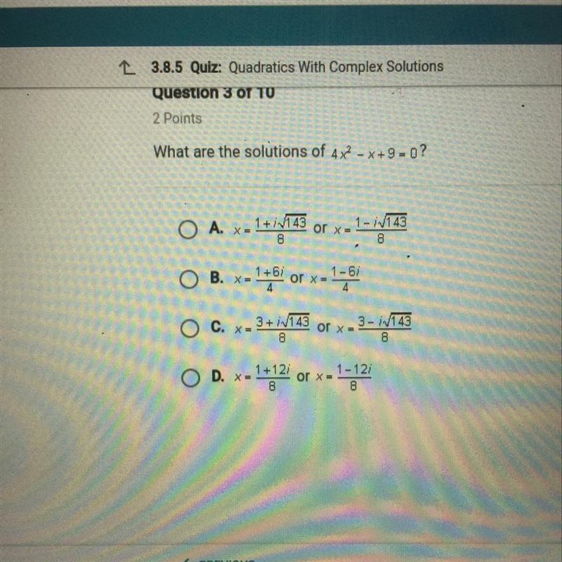 What are the solutions of 4x^2-x+9=0 ?-example-1