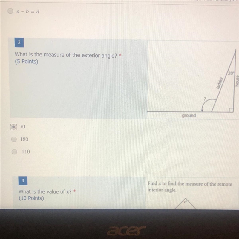 What is the measure of the exterior angle ? 70 180 110-example-1