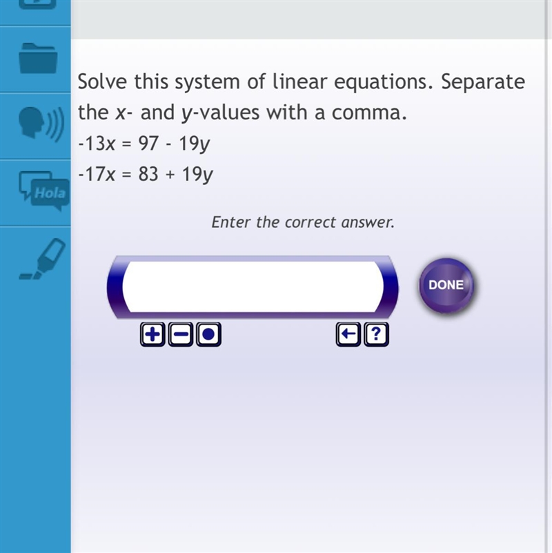 Solve this system of linear equations. Separate the x- and y- values with a comma-example-1