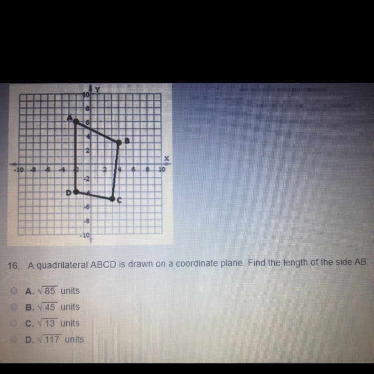 Quadrilateral ABCD is drawn on a coordinate plane. Find the length of the side AB-example-1