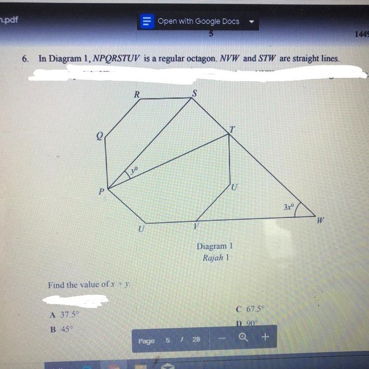 6. In Diagram 1, NPQRSTUV is a regular octagon. NVW and STW are straight lines. Find-example-1