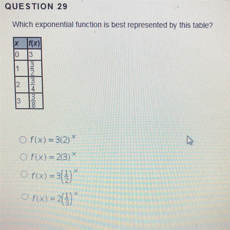 Please help 1. f(x)=3(2)^x 2. f(x)=2(3)^x 3. f(x)=3(1/2)^x 4. f(x)=2(1/3)^x-example-1