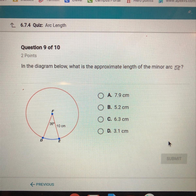 In the diagram below, what is the approximate length of the minor arc DE-example-1