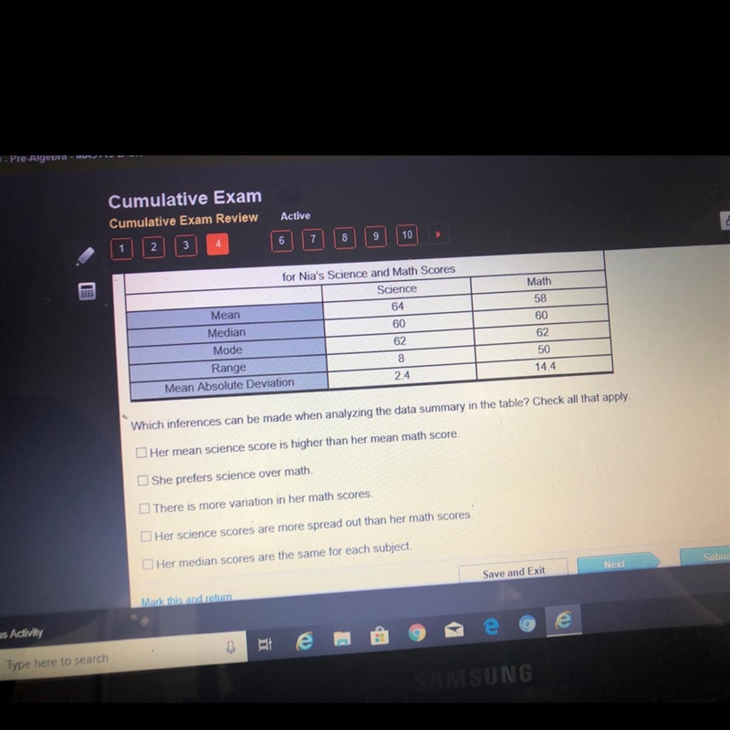 Nia recorded her science and math scores.The measures of center and variation for-example-1