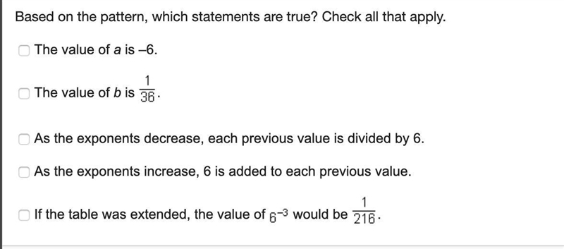 Tori examined the pattern of exponents in the table.-example-2