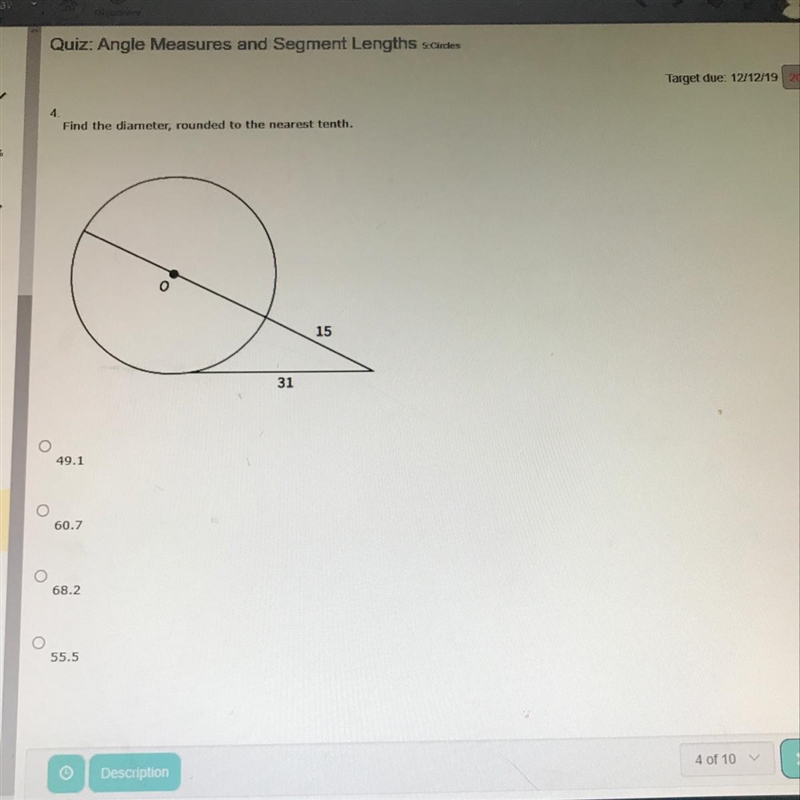 Find the diameter, round to the nearest tenth A. 49.1 B. 60.7 C. 68.2 D. 55.5-example-1